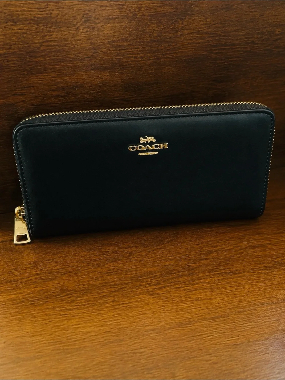 Coach Black Leather Large  Zip Wallet with Gold Logo
